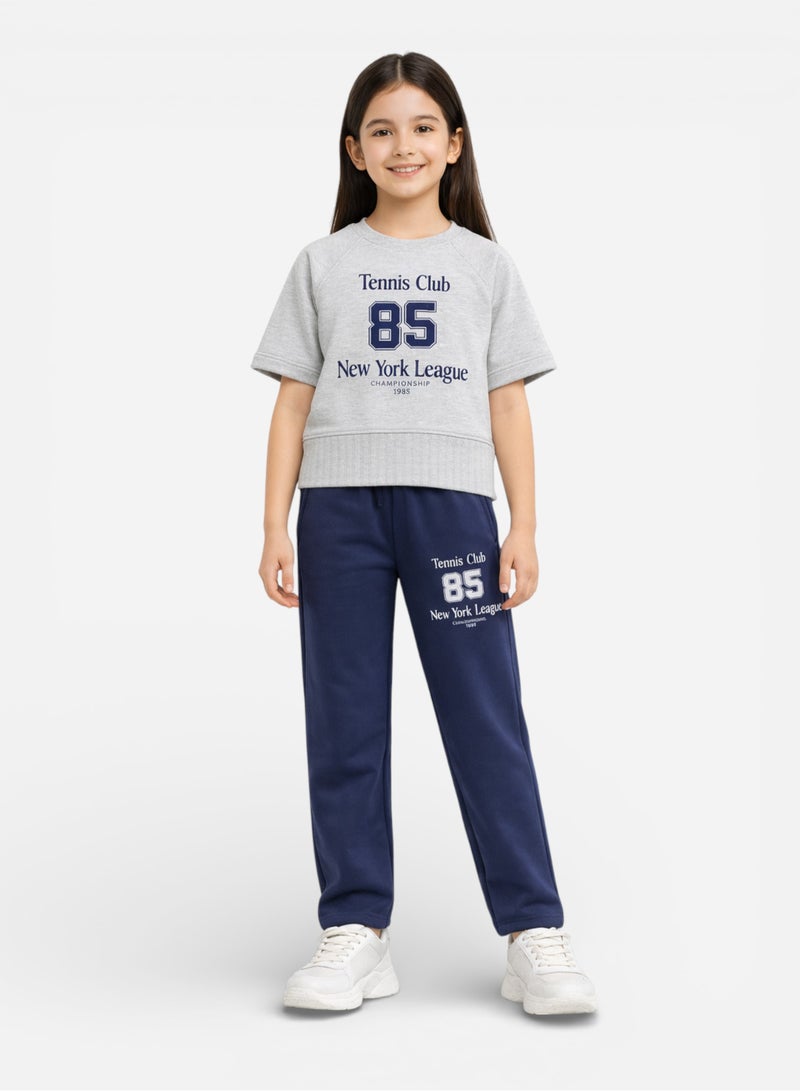 victor and jane Girls 2 Pc Set Tennis Club Print T-Shirt & Pants Set – Grey & Navy - Image 1